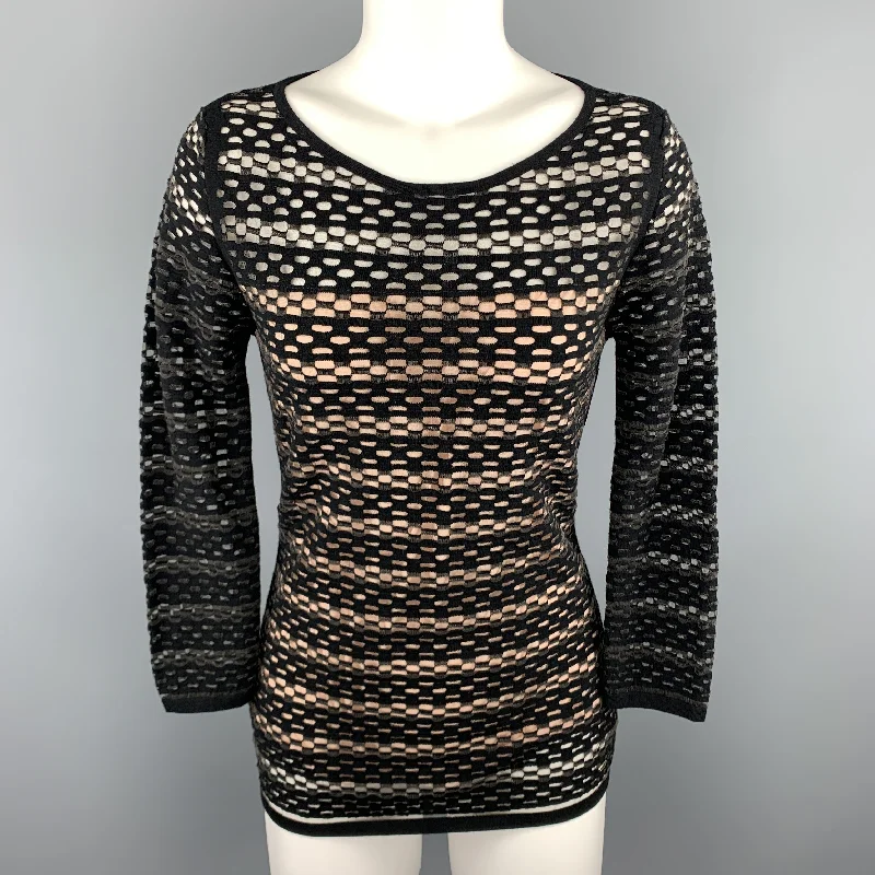 ESCADA Size S Black Striped Mesh Lined Pullover Ruffled Neck Pullover