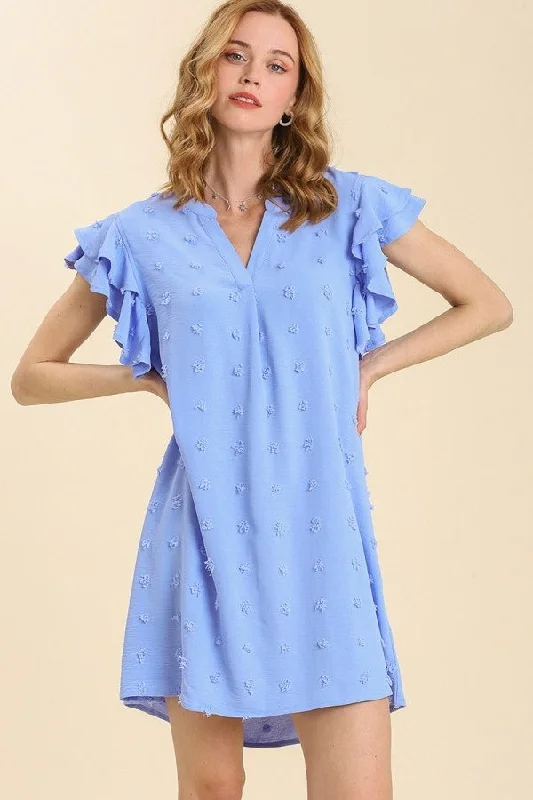 Umgee Swiss Dot V-Neck Dress with Double Ruffled Sleeves in Periwinkle