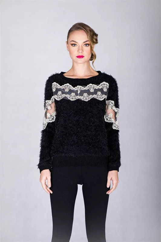 Furry Lace Sweater Turtle Neck Boat Neck Asymmetrical Neck