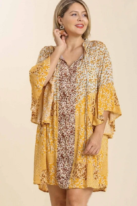 Umgee Mixed Floral and Animal Print Dress in Golden Yellow Mix
