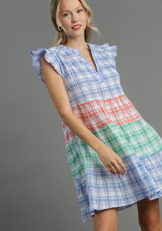 Umgee Mixed Plaid A-Line Tiered Dress in Blue