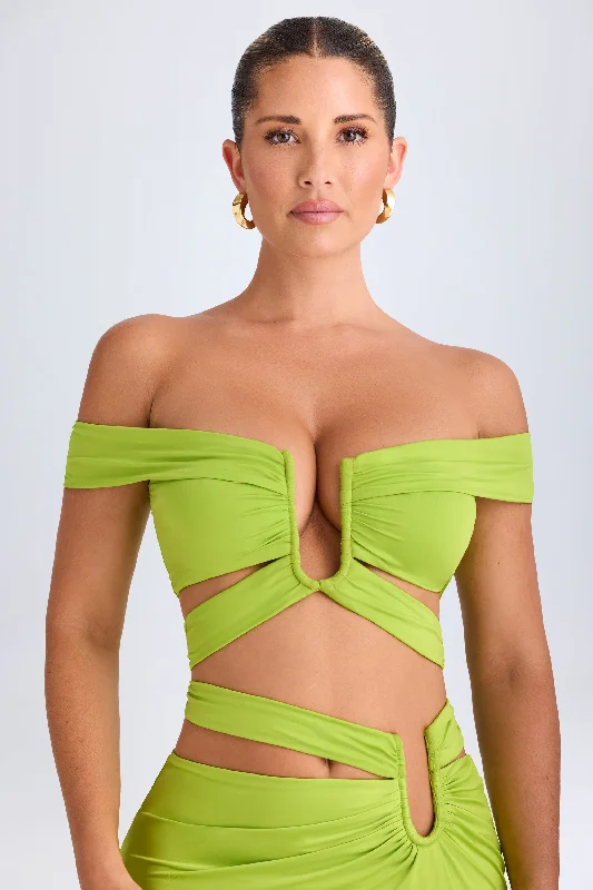 Cut-Out Off-Shoulder Crop Top in Lime Green Zippered Buttoned Snapped