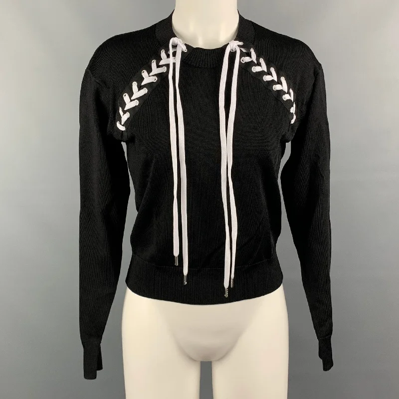 LOVE MOSCHINO Size 6 Black Viscose / Polyamide White Laces Pullover Scalloped Neck Pullover