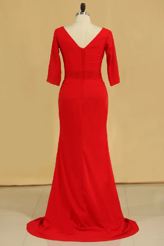 Red Plus Size Mother Of The Bride Dresses V Neck 3/4 Length Sleeve Spandex With Beads Mermaid
