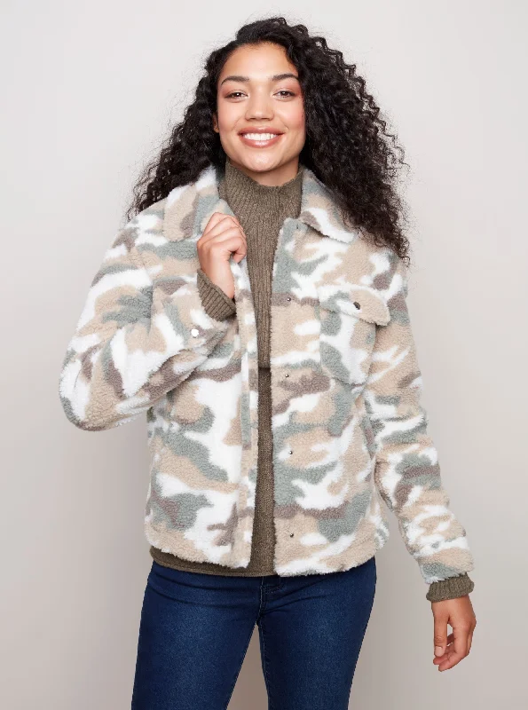 Printed Sherpa Button Front Short Knit Jacket [Pine-C6227] Insulated Jacket Fitted Jacket Loose Jacket