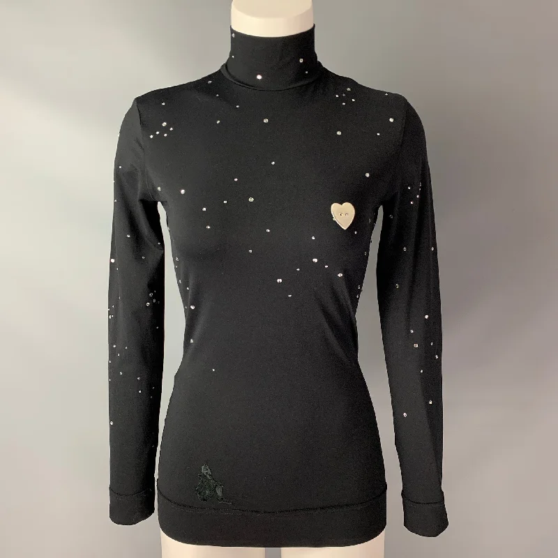 MOSCHINO Cheep and Chic Size 8 Black Studded Heart Polyamide / Eastane Pullover Slim Sleeve Pullover