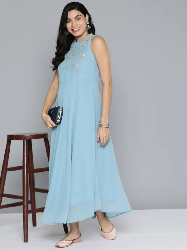 Jompers Women's Embroidered Powder Grey flared Dress - Blue