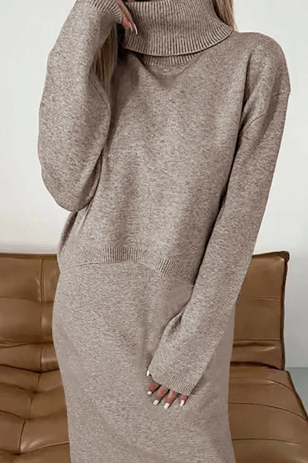 Turtleneck Sweater and Midi Sweater Dress Set Neon Metallic Matte