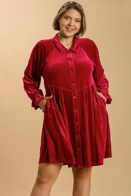 Umgee Velvet Button Front Dress in Red Velvet- FINAL SALE