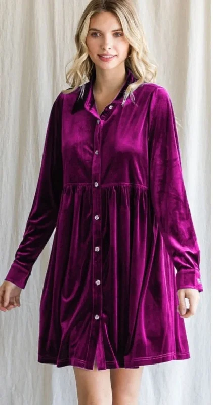 Jodifl Solid Color Velvet Button-up Baby Doll Dress in Magenta FINAL SALE