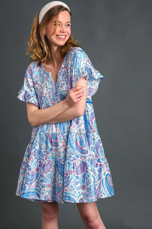 Umgee  Mixed Print Tiered Dress with Smocked Chest Details in Blue Mix