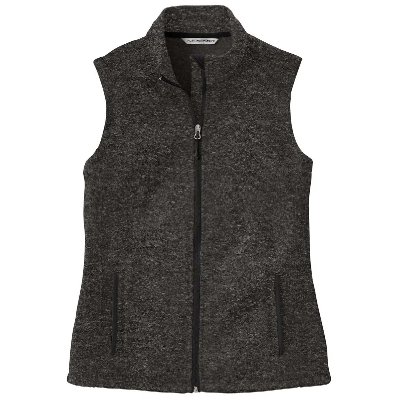 Port Authority Women's Black Heather Sweater Fleece Vest Notch Collar Peter Pan Collar Cowl Neck Port Authority Women's Black Heather Sweater Fleece Vest Notch Collar Peter Pan Collar Cowl Neck