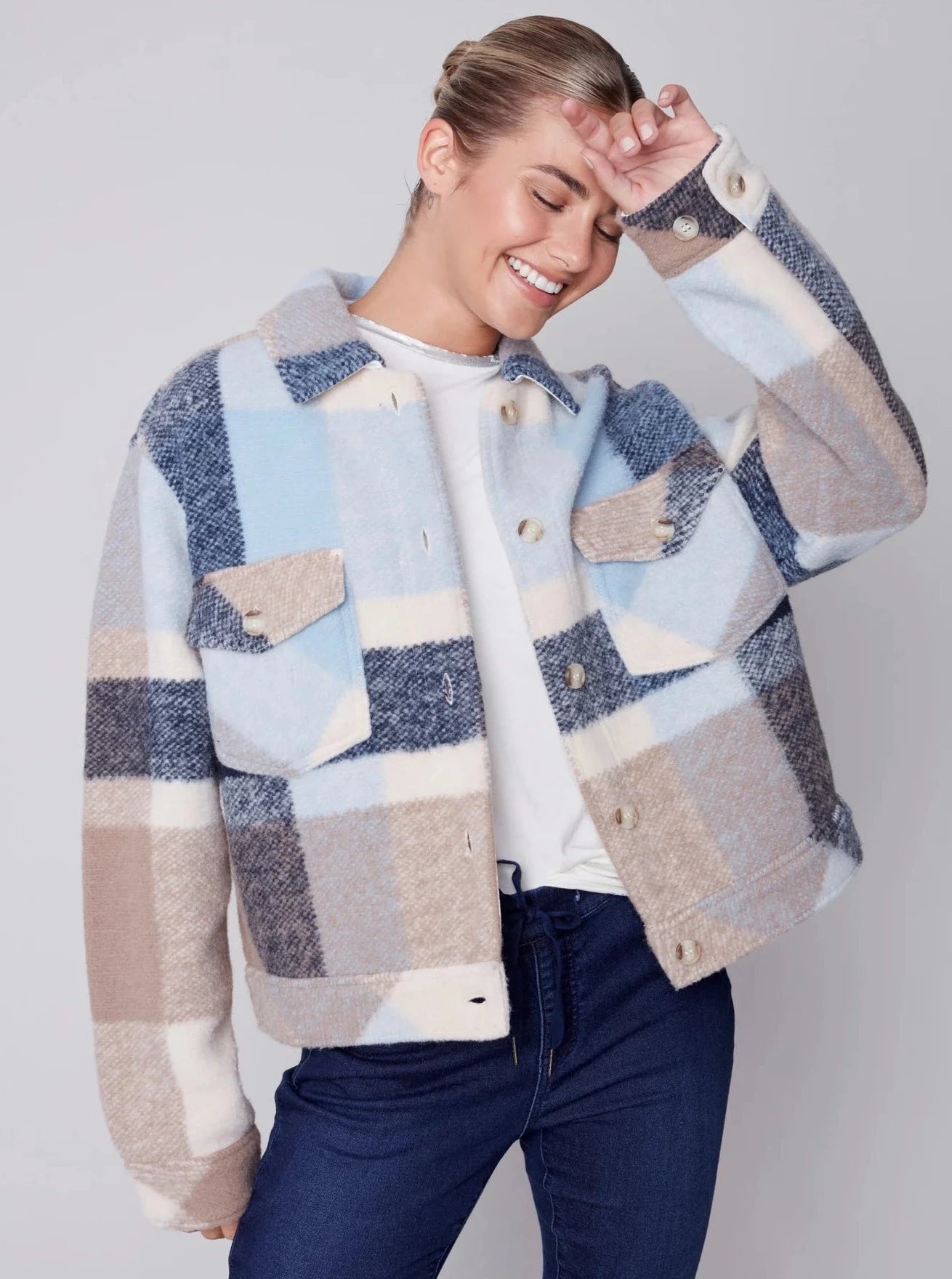 Long Sleeve Shorter Length Shirt Jacket [Snowflake-C6210R] Wool Fabric Cashmere Fabric Tweed Fabric