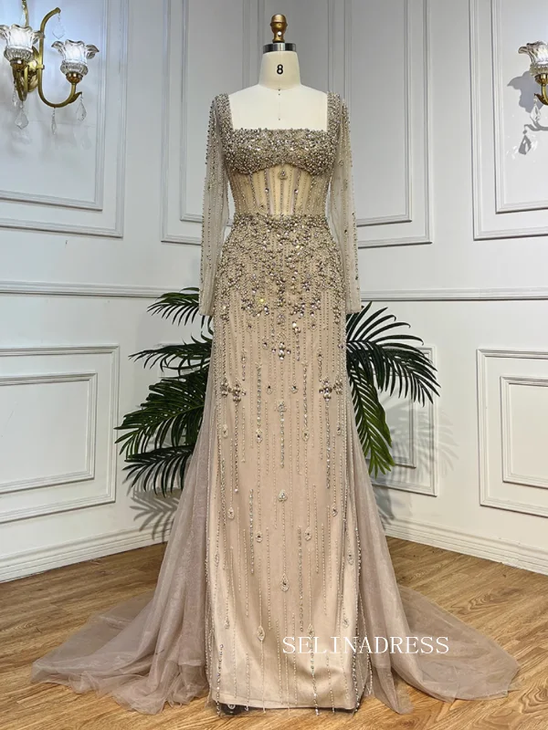 Sheath/Column Square Beaded Long Sleeve Prom Dress High Quality Evening Gowns LA72014 Sheath/Column Square Beaded Long Sleeve Prom Dress High Quality Evening Gowns LA72014