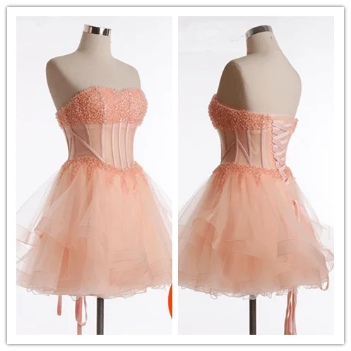 Beading Tulle Blush Pink Cute Homecoming Dress Prom Dresses