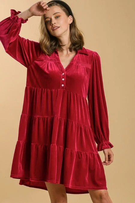 Umgee Velvet Collared Tiered Dress in Red Velvet