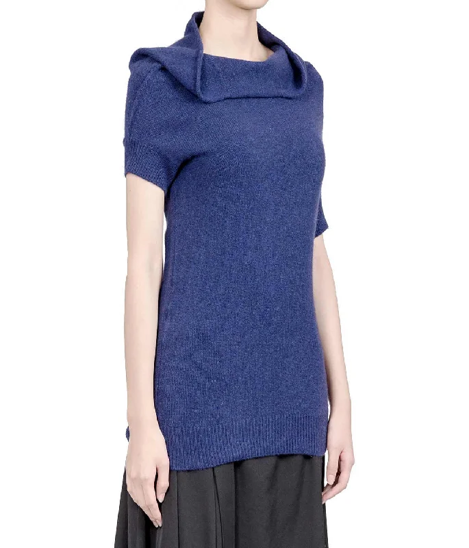 Blue Asymmetrical Pullover Sweater High Neck Pullover
