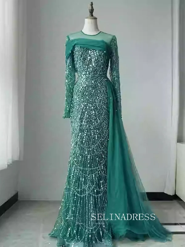 Luxurious Green Arabic Long Sleeves Beaded Long Formal Evening Dress With Skirt ALI0014 Luxurious Green Arabic Long Sleeves Beaded Long Formal Evening Dress With Skirt ALI0014
