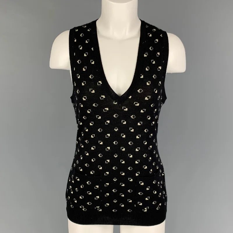 RALPH LAUREN Collection Size M Black Cream Cashmere Silk Pullover Vest Seamless Knit Pullover