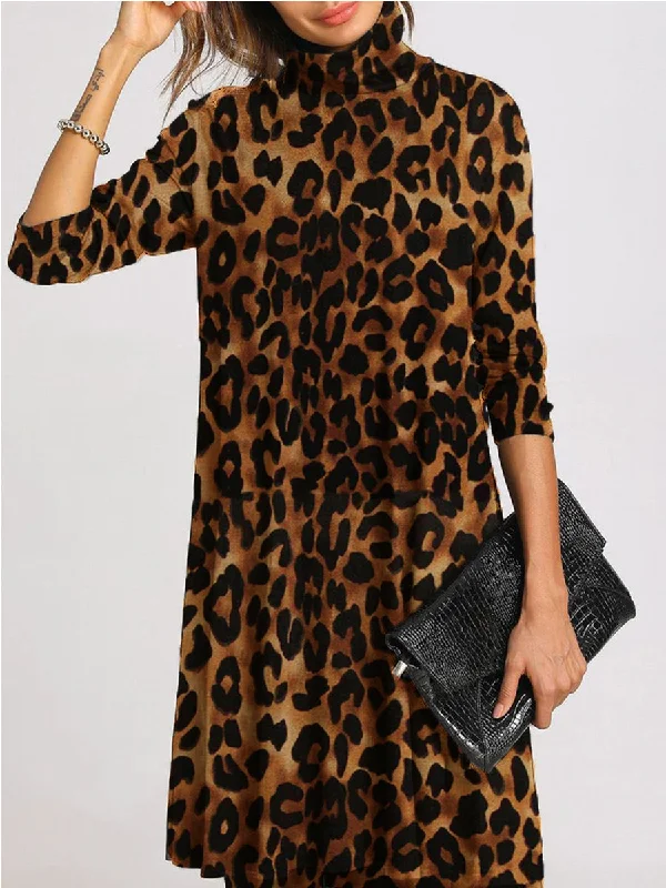 High Neck Mid-length Sleeves Leopard Print Casual Dress