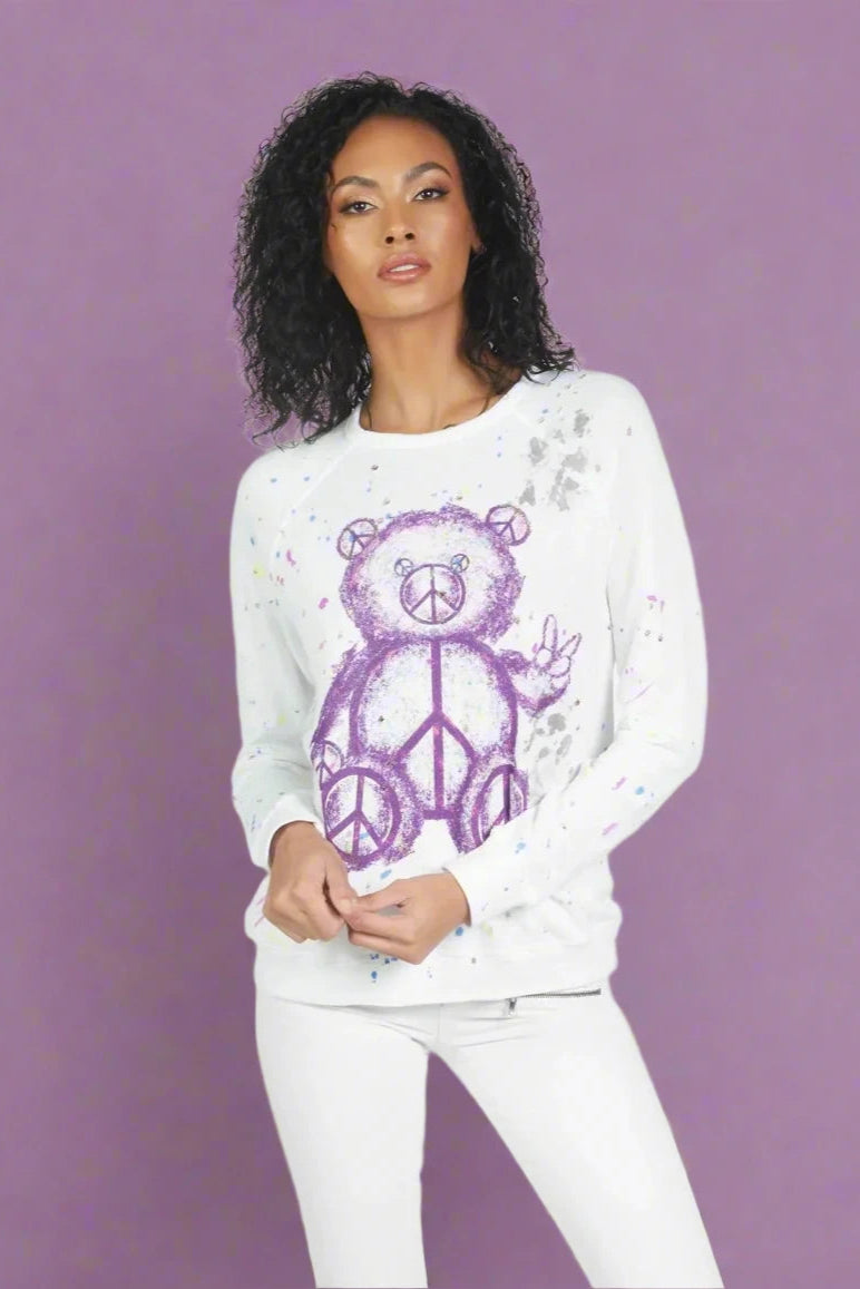 Lauren Moshi Darby Peace Teddy Pullover Ribbed Crew Neck
