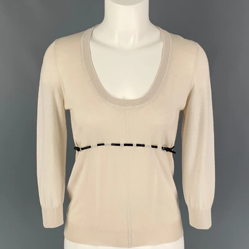 PRADA Size 4 Cream Black Wool Silk Patent Leather Pullover Faux Fur Trim