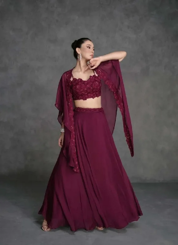 Designer Wine Embroidered Organza Silk Lehenga Set with Crop Top Notch Collar Peter Pan Collar Cowl Neck