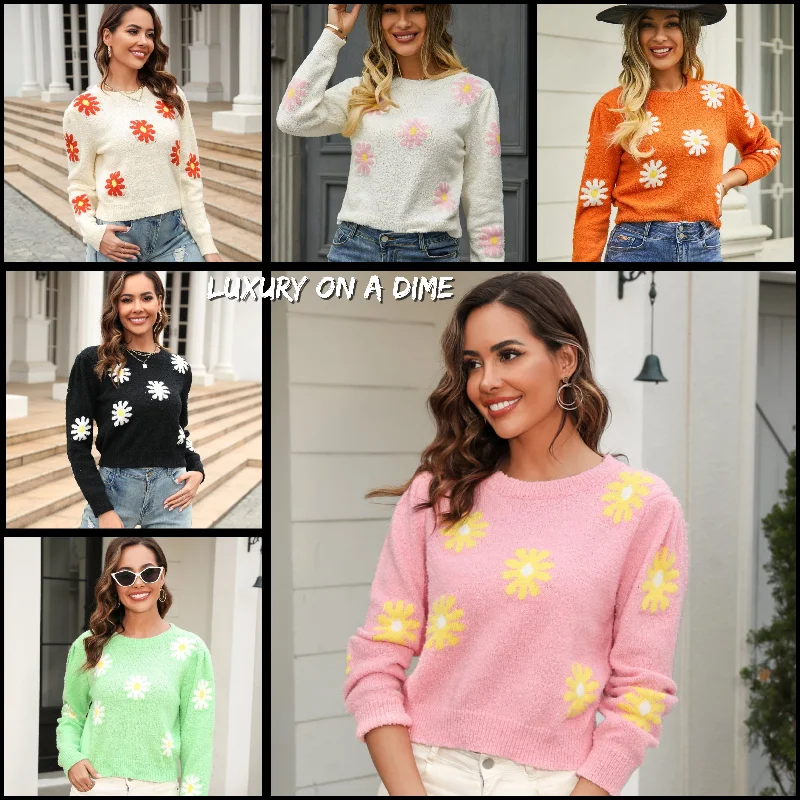 Retro Daisy Soft Knit Flower Long Sleeve Pullover Sweater Shirt Slim Sleeve Pullover