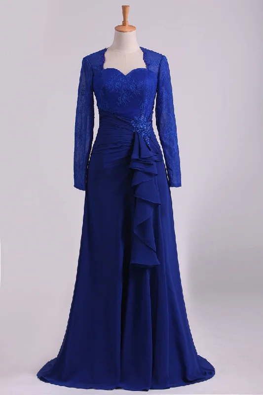 Mother Of The Bride Dresses Long Sleeves Chiffon With Applique Open Back Dark Royal Blue Mother Of The Bride Dresses Long Sleeves Chiffon With Applique Open Back Dark Royal Blue