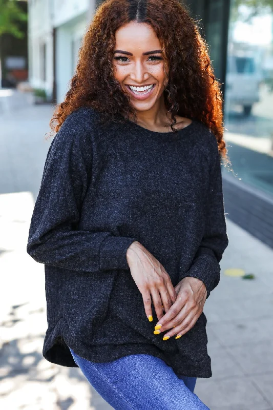Beautiful You Charcoal Ribbed Brushed Hacci Sweater Front Pockets Side Pockets Patch Pockets Beautiful You Charcoal Ribbed Brushed Hacci Sweater Front Pockets Side Pockets Patch Pockets