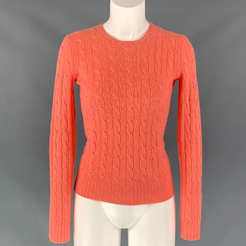 RALPH LAUREN Cashmere Cable Knit Size S Coral Pullover Gathered Sleeve Pullover