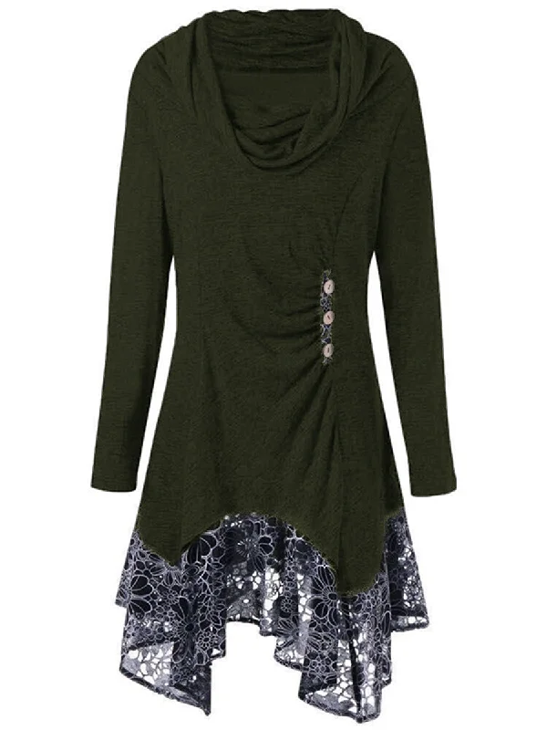 Button Printing Hem Lace Tunic Dress