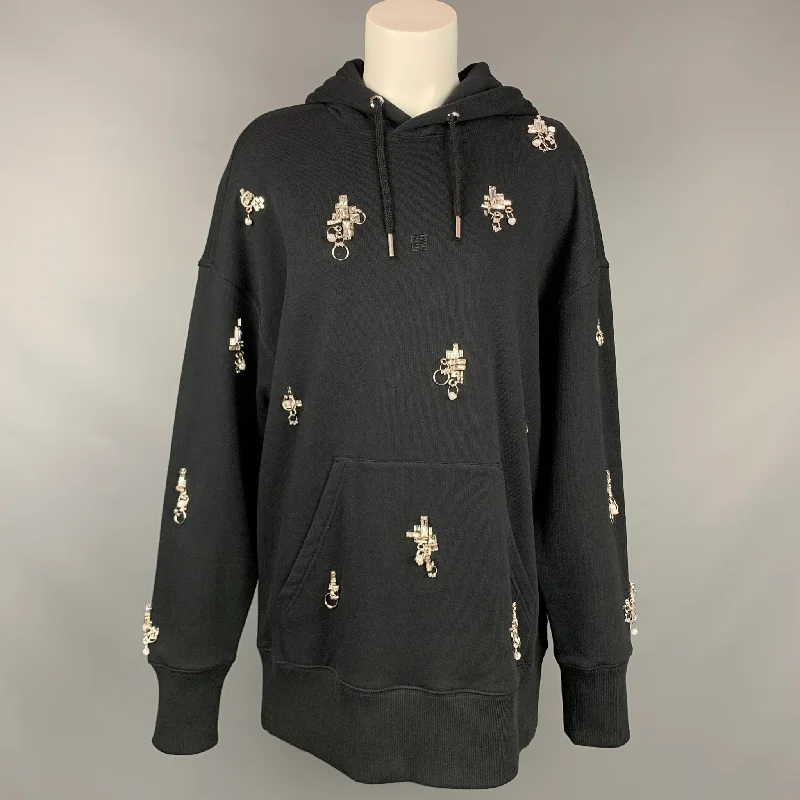 GIVENCHY SS 2021 Size XS Black Crystal Embellishment Cotton Oversized Hooded Pullover High Neck Pullover