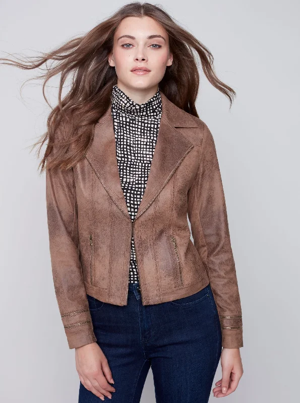 Coated Faux Sueded Motto Jacket [Truffle-C6231] Print Jacket Jacquard Jacket Embroidered Jacket