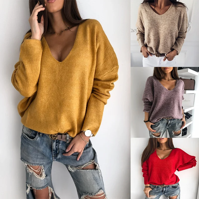Women Fashion Casual Simple Solid Color V-Neck Pullover Knitted Sweater Ruffle Sleeve Feminine