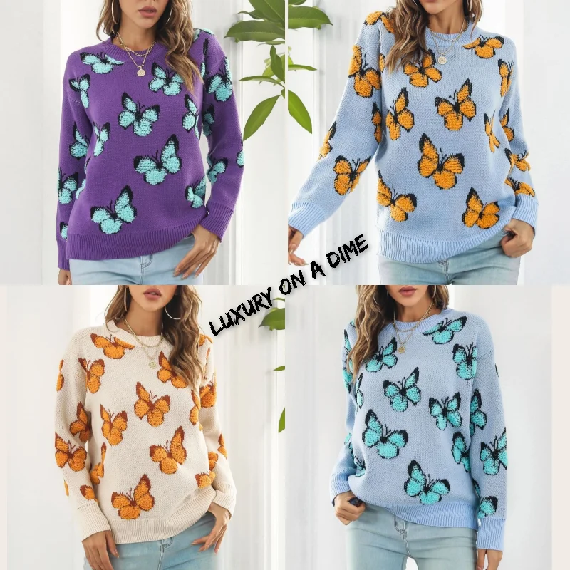 Fuzzy Monarch Butterfly Raised Shag Bold Colors Knit Pullover Sweater Shirt Cap Sleeve Casual