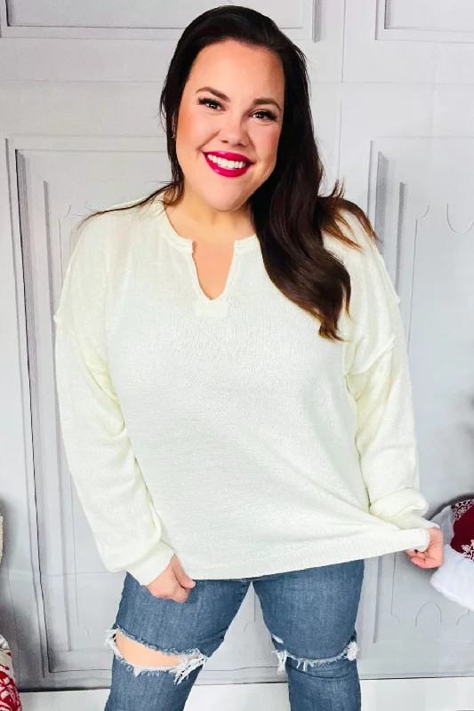 Lock Eyes Ivory Notched Neck With Patch Oversized Sweater Elegant Classic Vintage