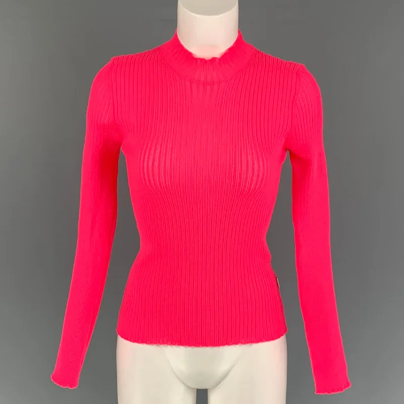MSGM Size L Pink Polyester Ribbed Mock Neck Pullover Lapel Neck Sweater