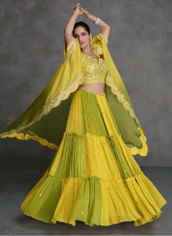 Designer Yellow Embroidered Organza Silk Lehenga Set with Crop Top Knit Fabric Woven Fabric Fleece Fabric