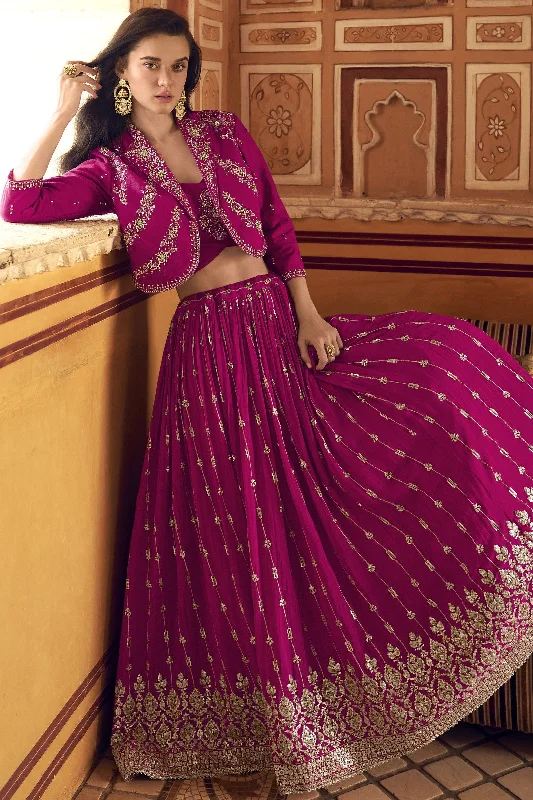 Pink Chinon Silk Lehenga Choli with Koti Jacket For Indian Festivals & Pakistani Weddings - Thread Embroidery Work, Sequence Embroidery Work Front Pockets Side Pockets Patch Pockets Pink Chinon Silk Lehenga Choli with Koti Jacket For Indian Festivals & Pakistani Weddings - Thread Embroidery Work, Sequence Embroidery Work Front Pockets Side Pockets Patch Pockets