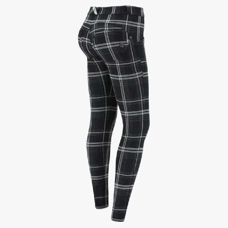 Freddy Womens Tartan Jacquard Regular Waist Wrup Shaping Trousers Black Check Trousers Pleated Formal