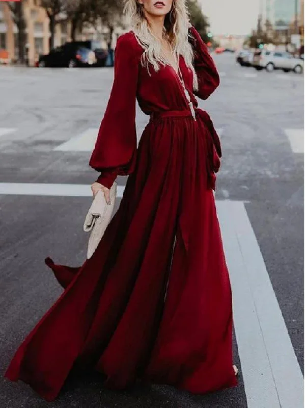 A-line Burgundy Long Prom Dresses Long Sleeve Simple Cheap Prom Dress SED561