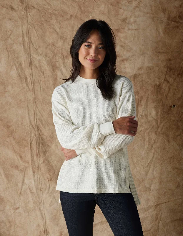 Honeycomb Waffle Split Side Pullover in Ivory Fitted Ribbed Sweater