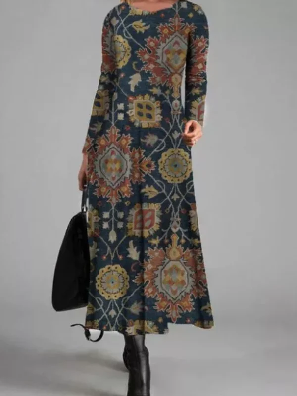 Retro Printed Round Neck Women'S One-Piece Dress