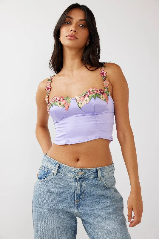 Rose Garden Floral Applique Crop Top Lilac Hooded Caped Shawl Collar