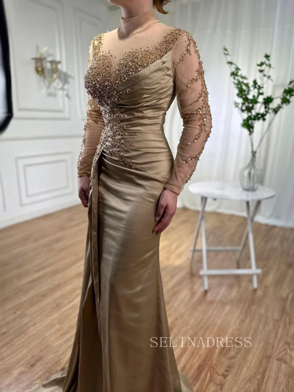 Luxury Mermaid High Neck Evening Gowns With Long Sleeve Beaded Formal Dresses LA71804 Luxury Mermaid High Neck Evening Gowns With Long Sleeve Beaded Formal Dresses LA71804
