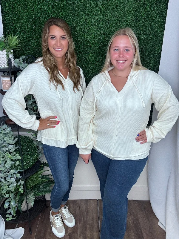 HOODED RIBBED KNIT SWEATER - CREAM Open Front Closed Front Wrap Front