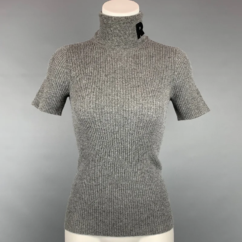 ROCHAS Size S Grey Ribbed Cashmere Turtleneck Short Sleeve Pullover Jewel Neck Pullover