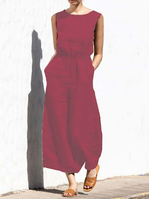 Solid color high waist sleeveless trousers loose-fitting jumpsuit Trousers chic elegant