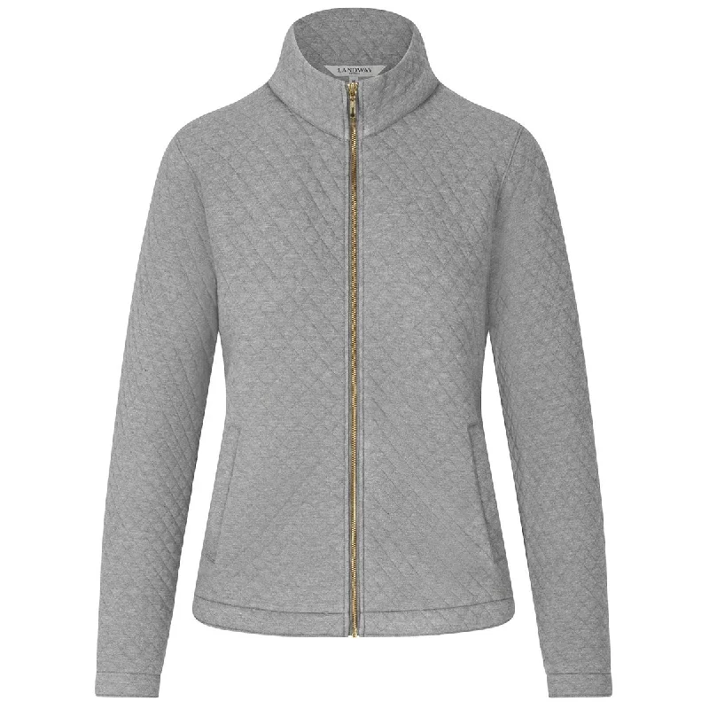 Landway Women's Heather Grey Seneca Quilted Full-Zip Sweater Stretchy Elastic Breathable Landway Women's Heather Grey Seneca Quilted Full-Zip Sweater Stretchy Elastic Breathable